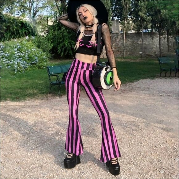 Too Fast Pink Striped Flare Pants | XS High-Waisted 70s Punk NWT Emotional - Picture 8 of 9